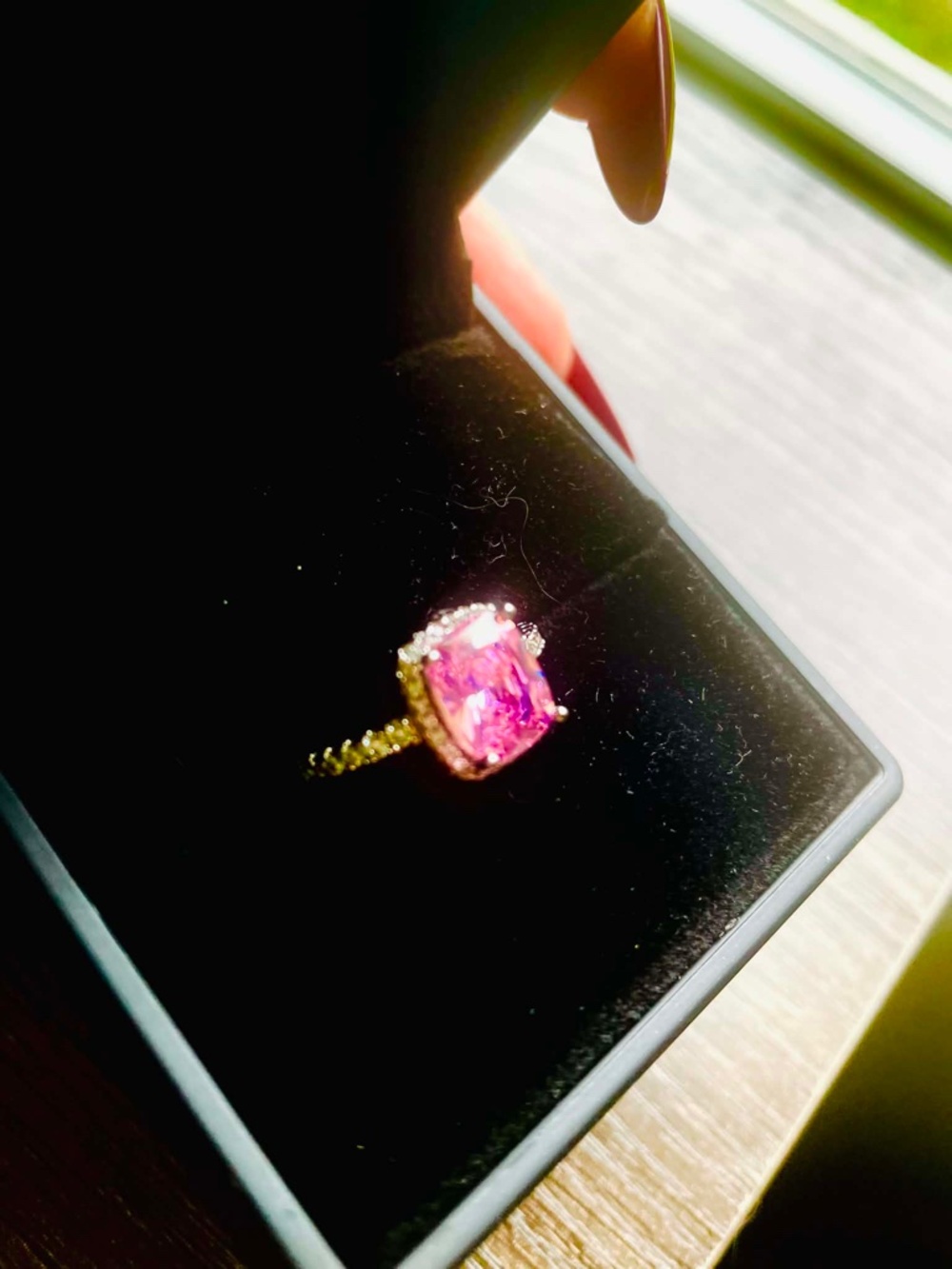 Pink Sapphire Ring: Cushion Cut, Sterling Silver, CZ Accents SZ 7